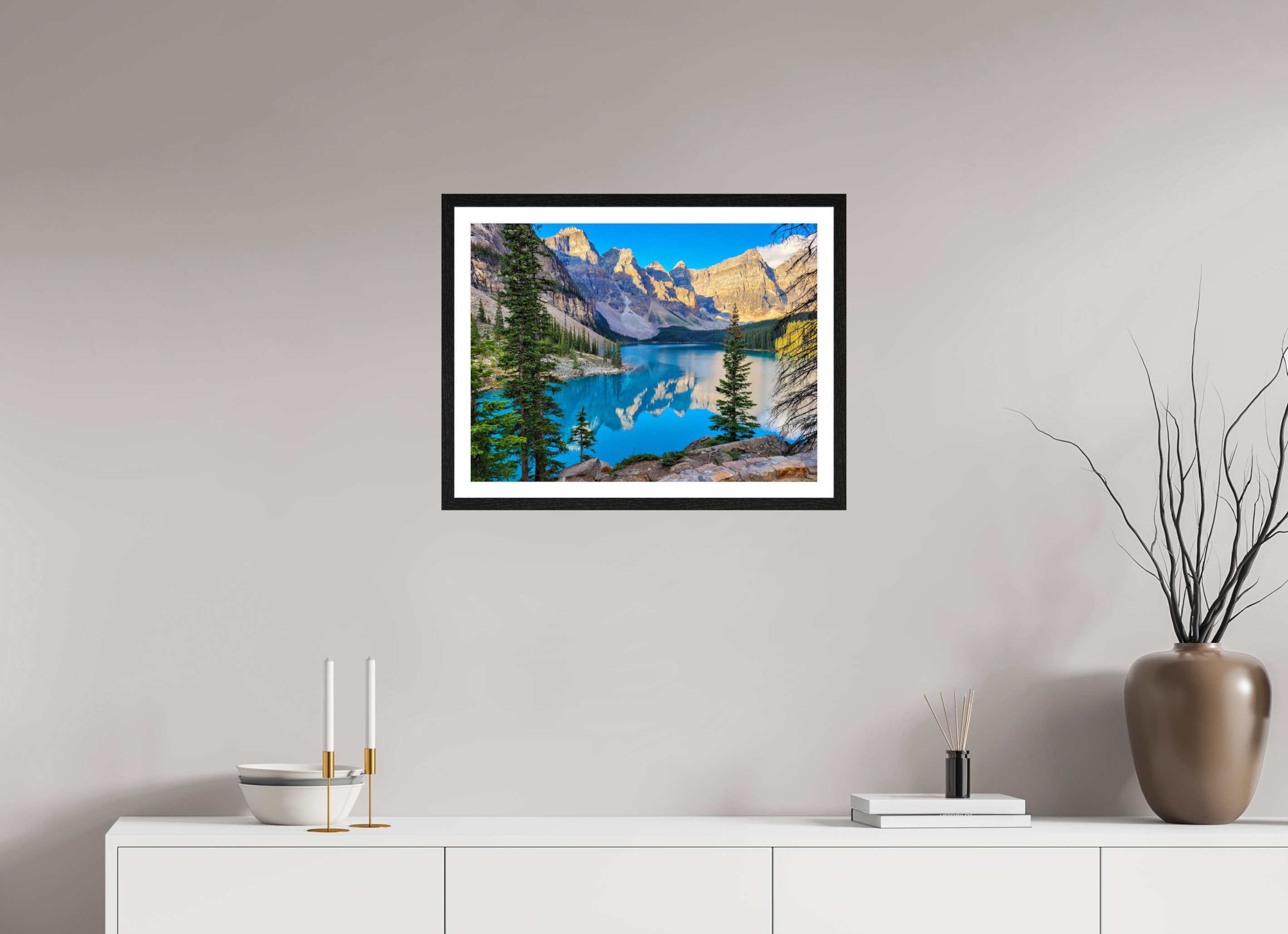 60 x 45 cm, Glossy Fine Art Print with Black Frame Moraine Lake, Banff – Mountain Landscape Print