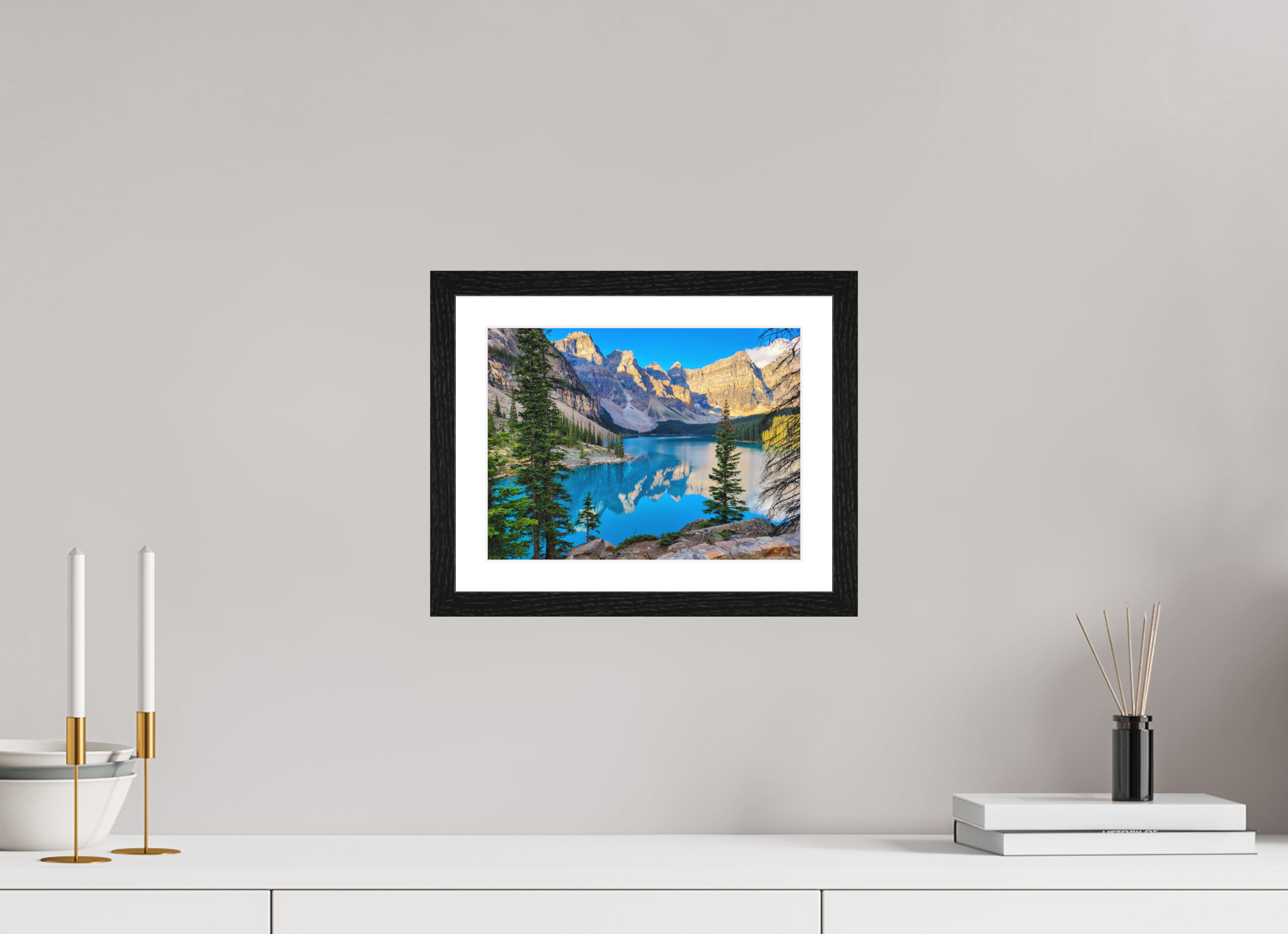 28 x 21 cm, Matte Art Prints with Black Wood Frame Moraine Lake, Banff – Mountain Landscape Print