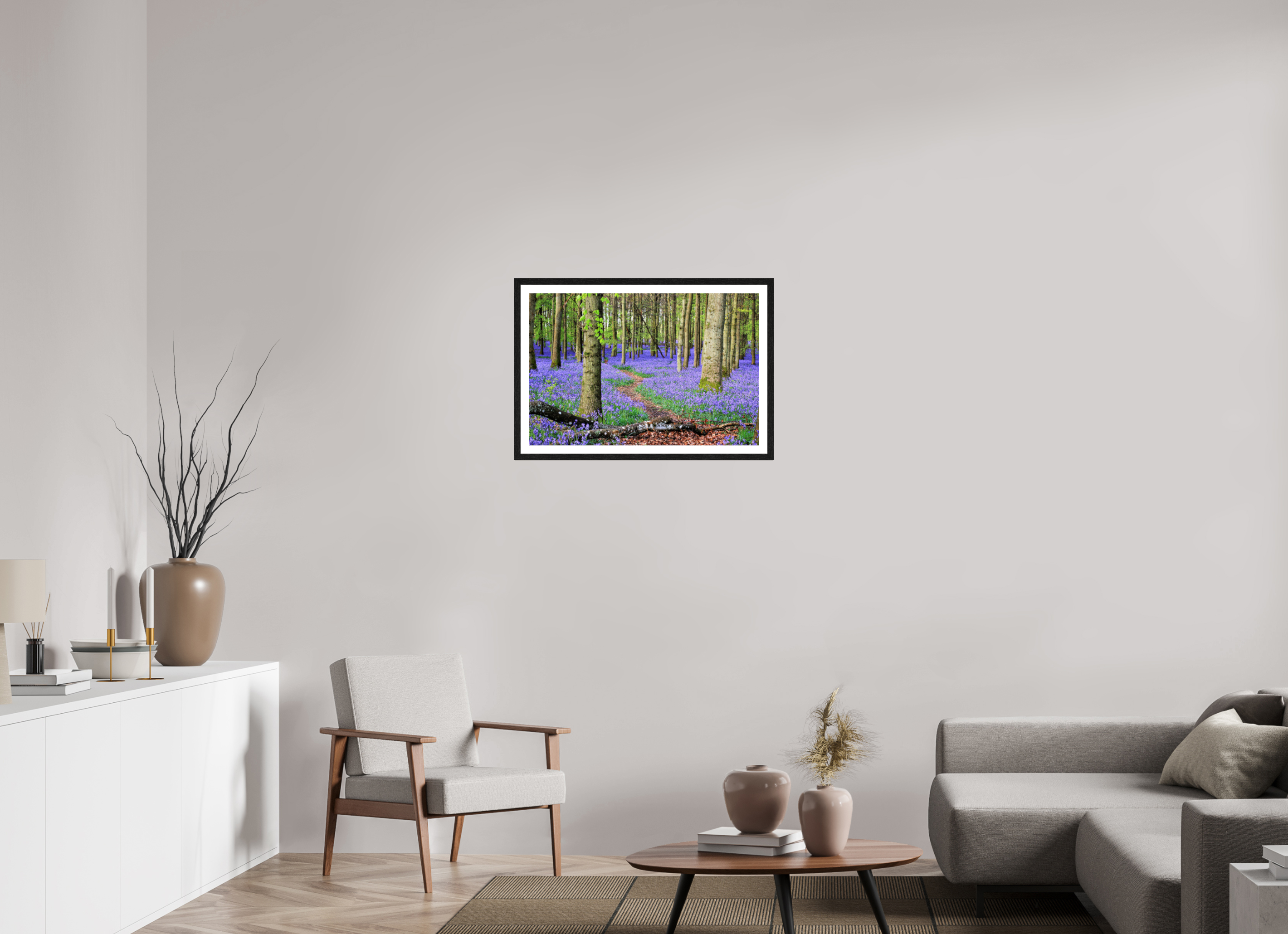 75 x 50 cm, Glossy Fine Art Print with Black Frame Bluebell Forest in England – Nature Print