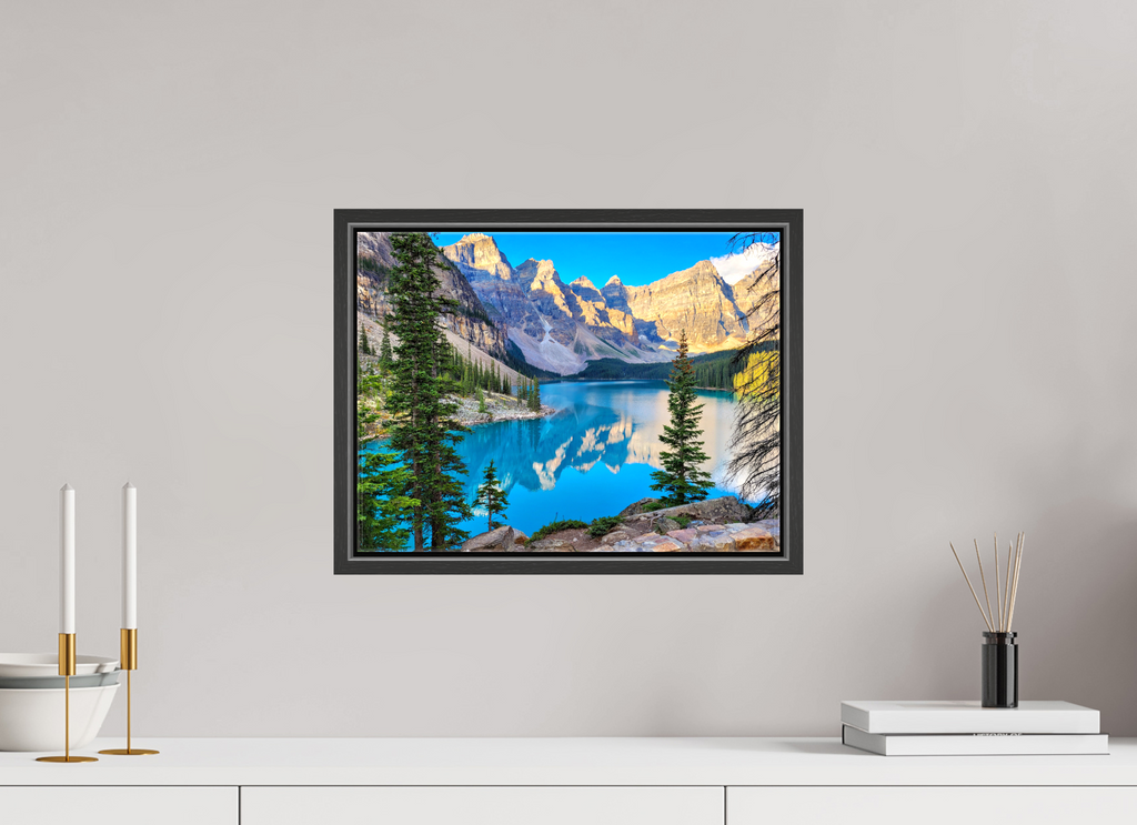 40 x 30 cm, Glossy Canvas with Black Frame Moraine Lake, Banff – Mountain Landscape Print