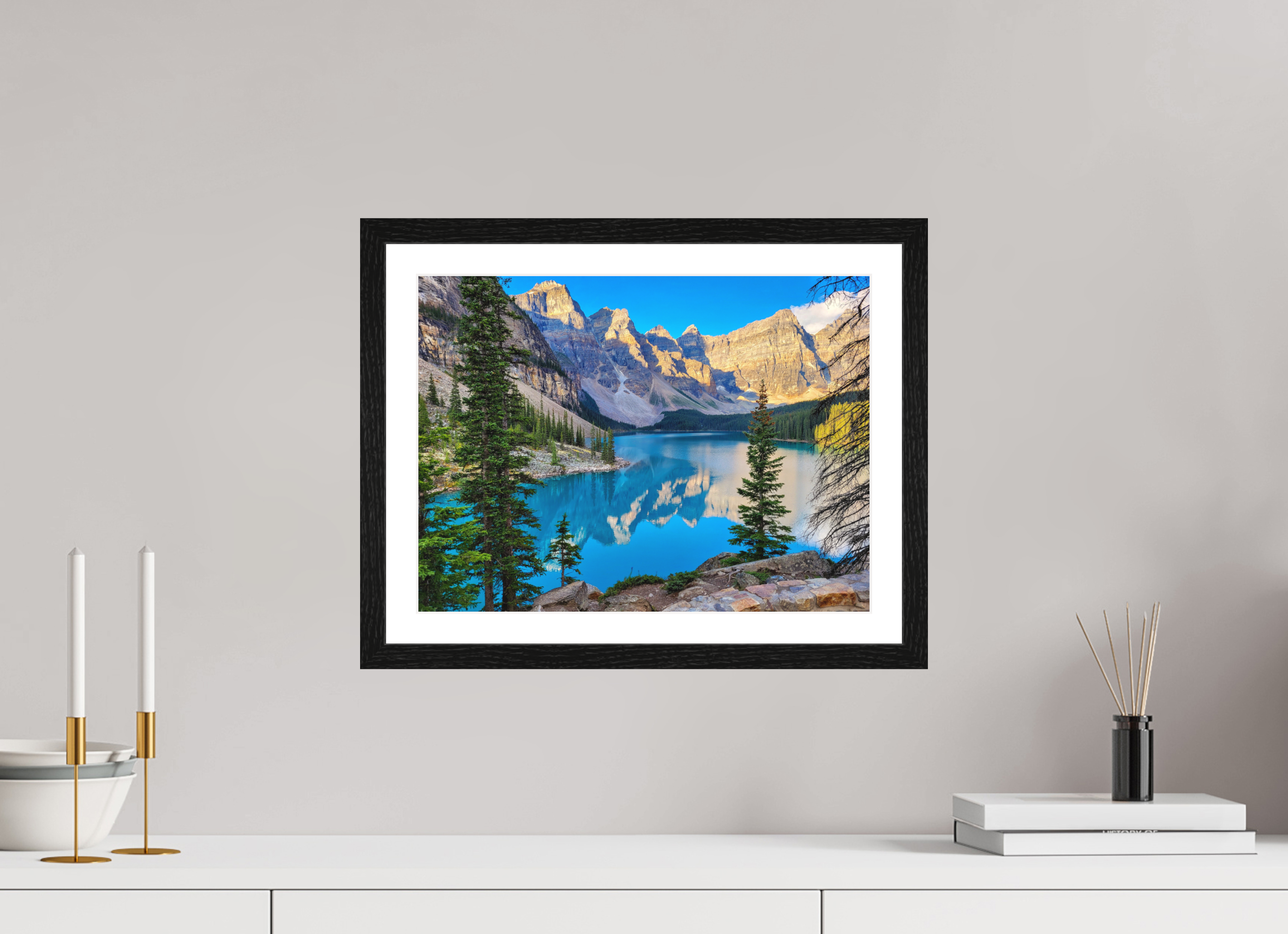 40 x 30 cm, Matte Art Prints with Black Wood Frame Moraine Lake, Banff – Mountain Landscape Print
