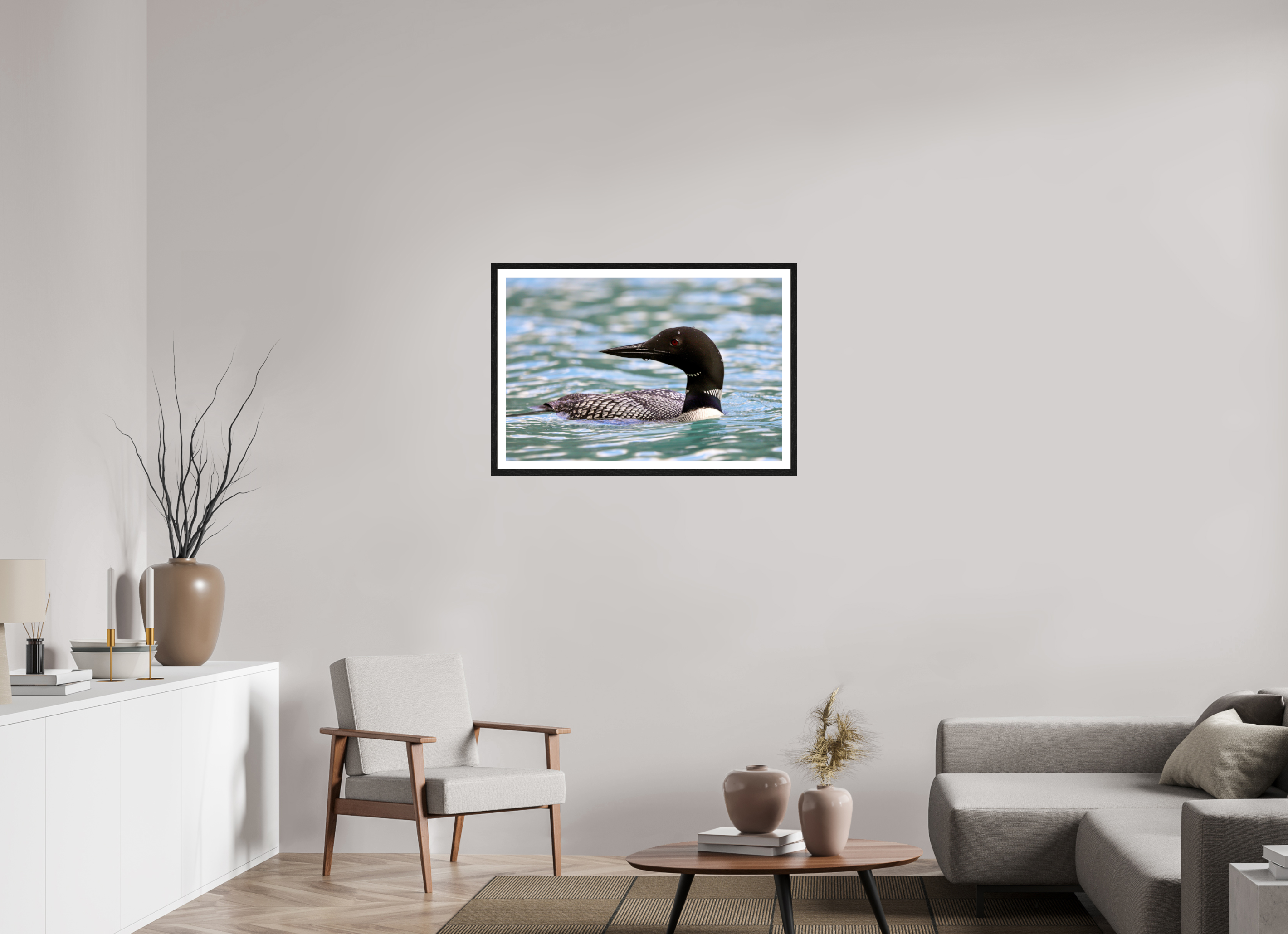 90 x 60 cm, Glossy Fine Art Print with Black Frame Common Loon Close-Up – Wildlife Print