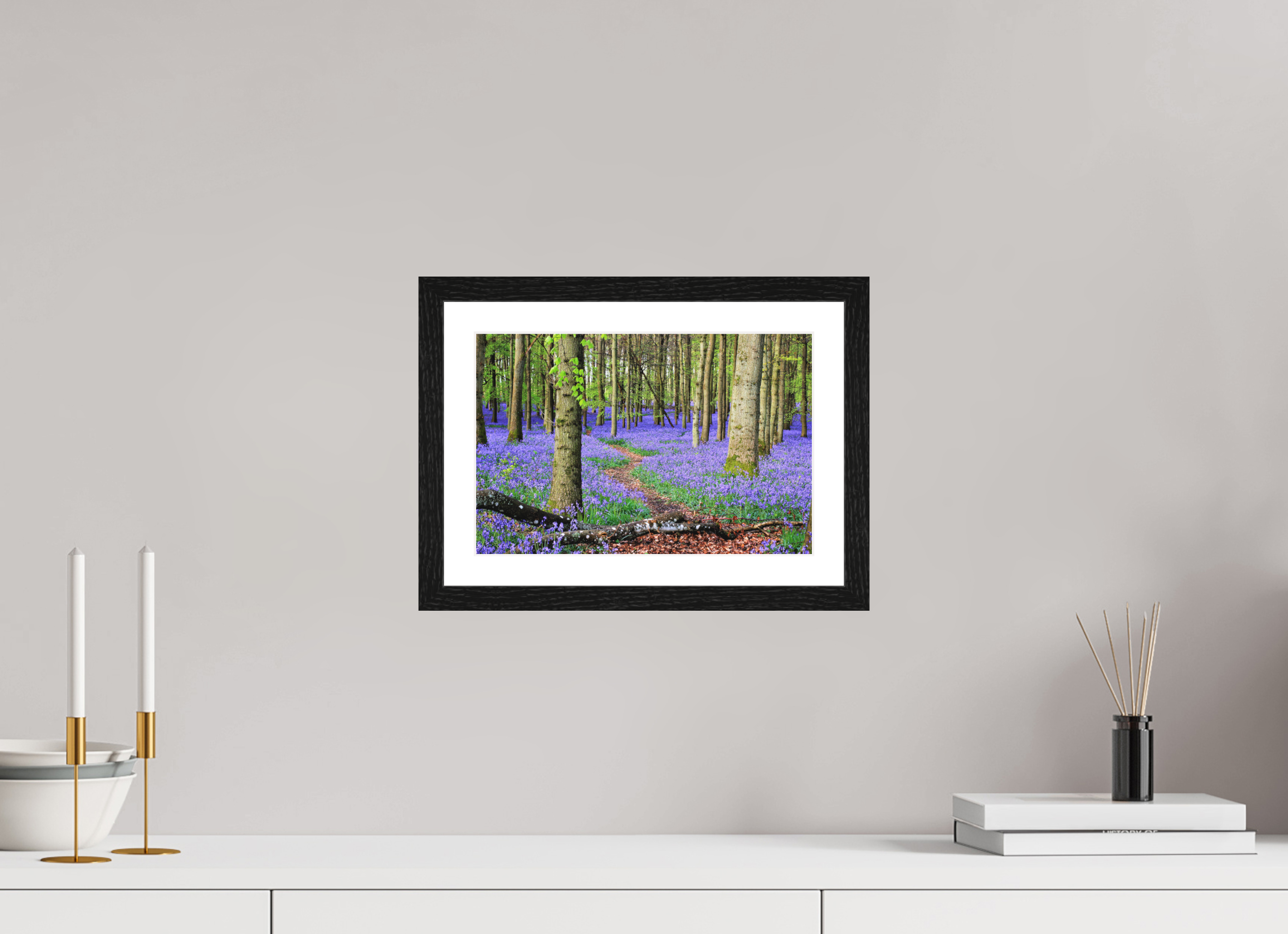30 x 20 cm, Matte Art Prints with Black Wood Frame Bluebell Forest in England – Nature Print