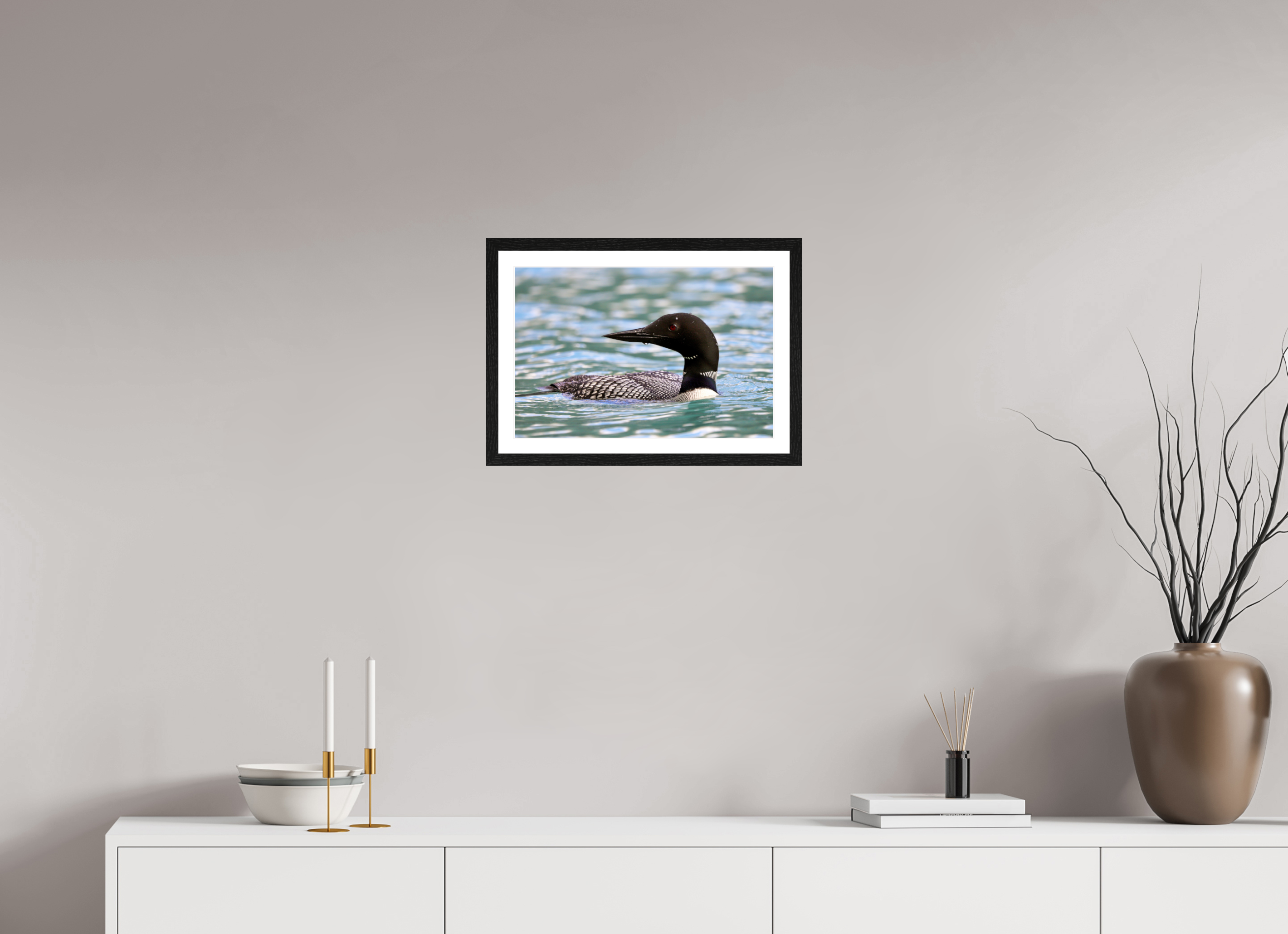 45 x 30 cm, Glossy Fine Art Print with Black Frame Common Loon Close-Up – Wildlife Print