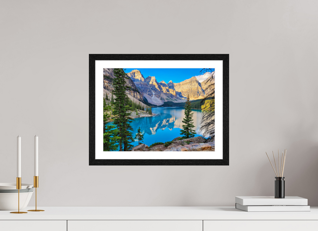 40 x 30 cm, Glossy Fine Art Print with Black Frame Moraine Lake, Banff – Mountain Landscape Print