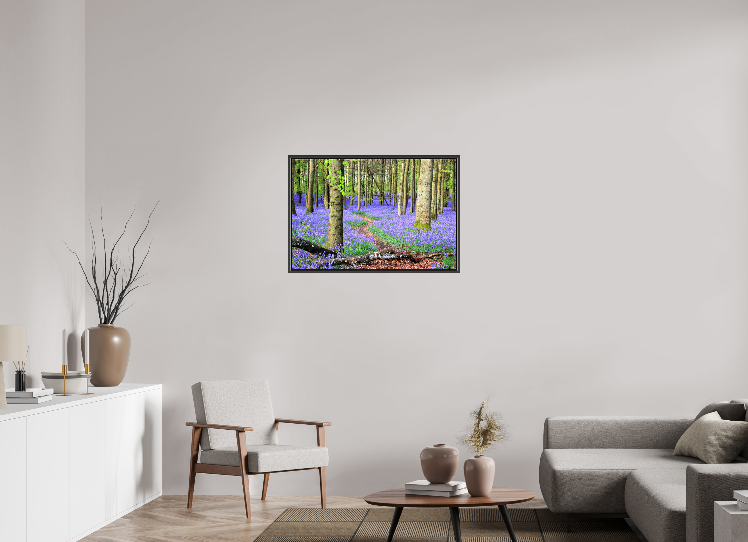 90 x 60 cm, Glossy Canvas with Black Frame Bluebell Forest in England – Nature Print