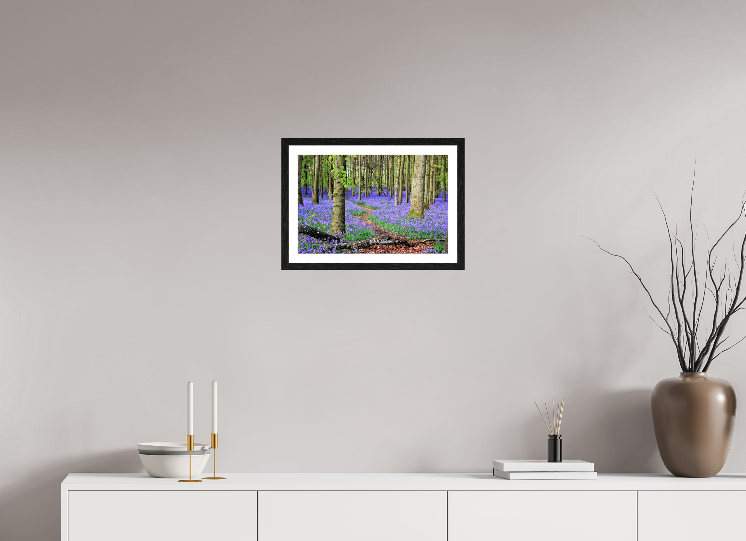 45 x 30 cm, Glossy Fine Art Print with Black Frame Bluebell Forest in England – Nature Print