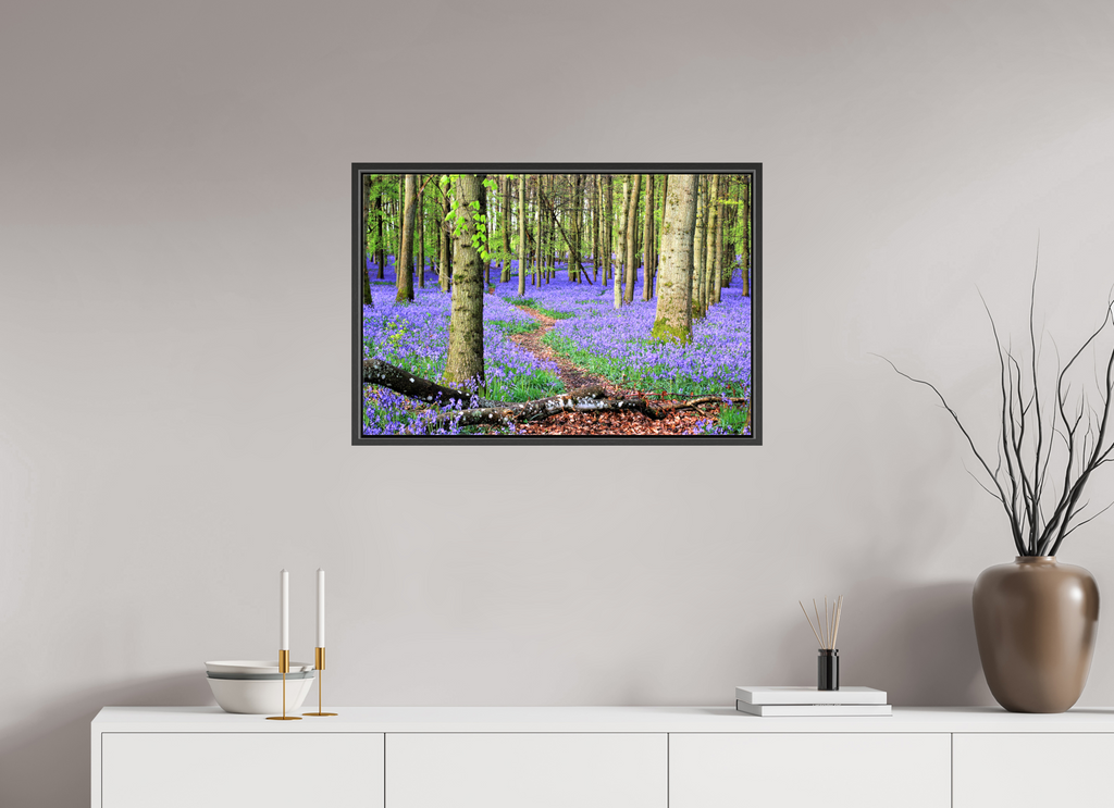 75 x 50 cm, Glossy Canvas with Black Frame Bluebell Forest in England – Nature Print