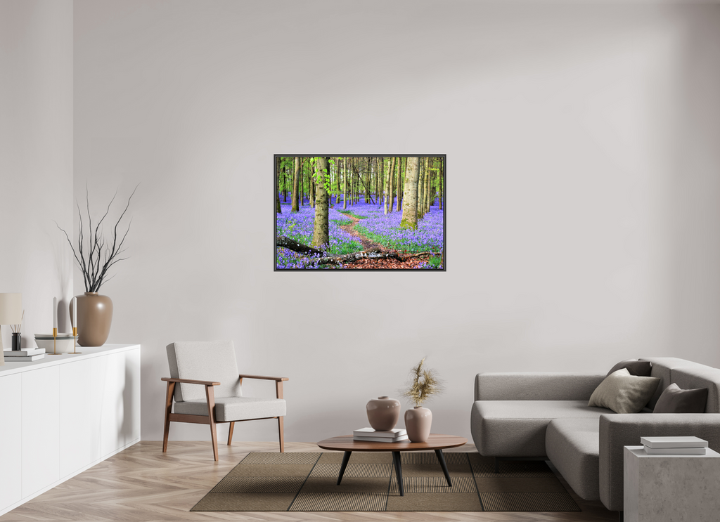 120 x 80 cm, Glossy Canvas with Black Frame Bluebell Forest in England – Nature Print