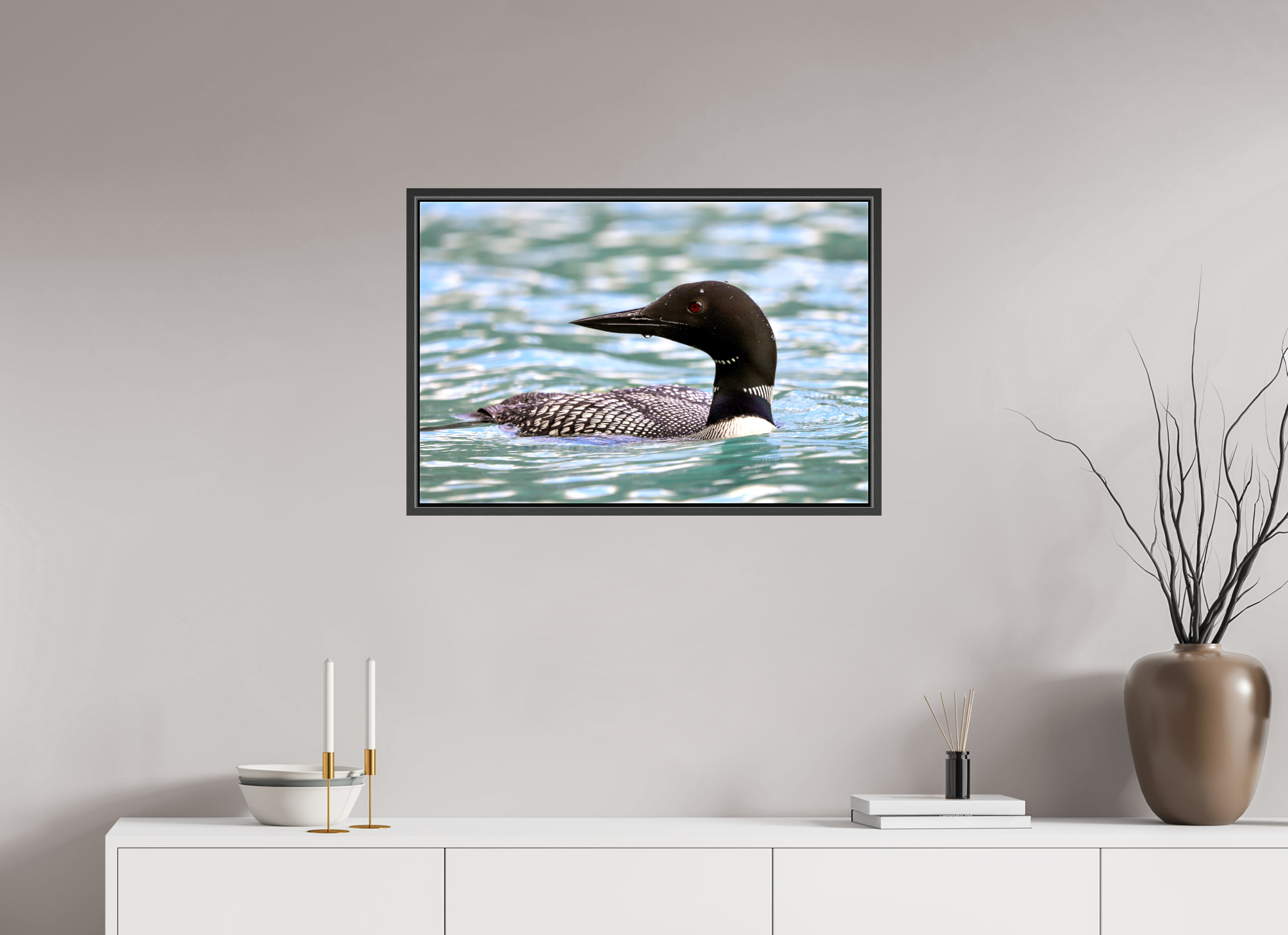 75 x 50 cm, Glossy Canvas with Black Frame Common Loon Close-Up – Wildlife Print