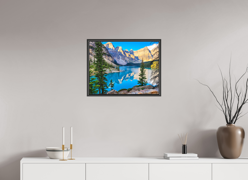 60 x 45 cm, Glossy Canvas with Black Frame Moraine Lake, Banff – Mountain Landscape Print