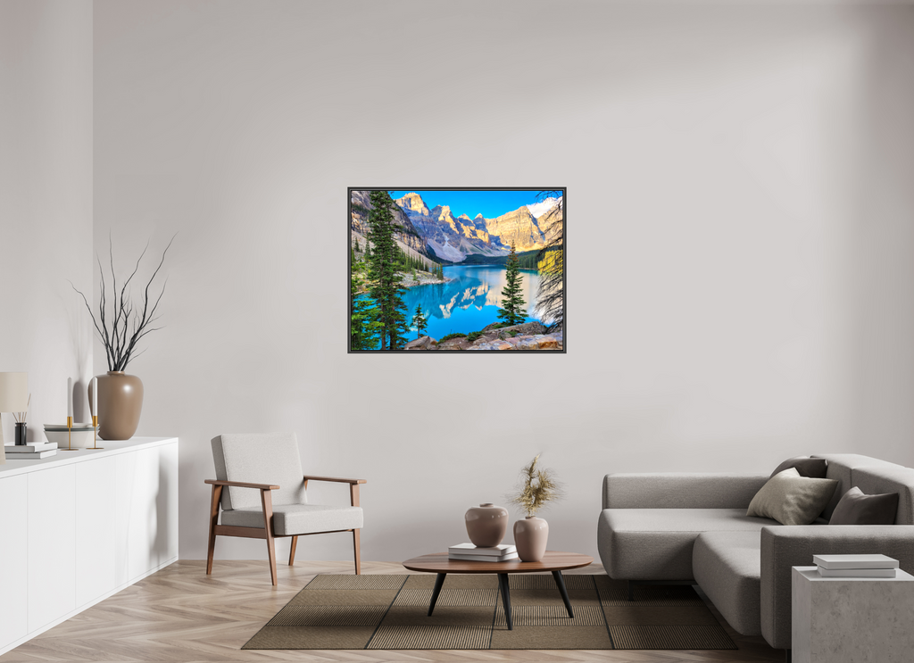 120 x 90 cm, Glossy Canvas with Black Frame Moraine Lake, Banff – Mountain Landscape Print