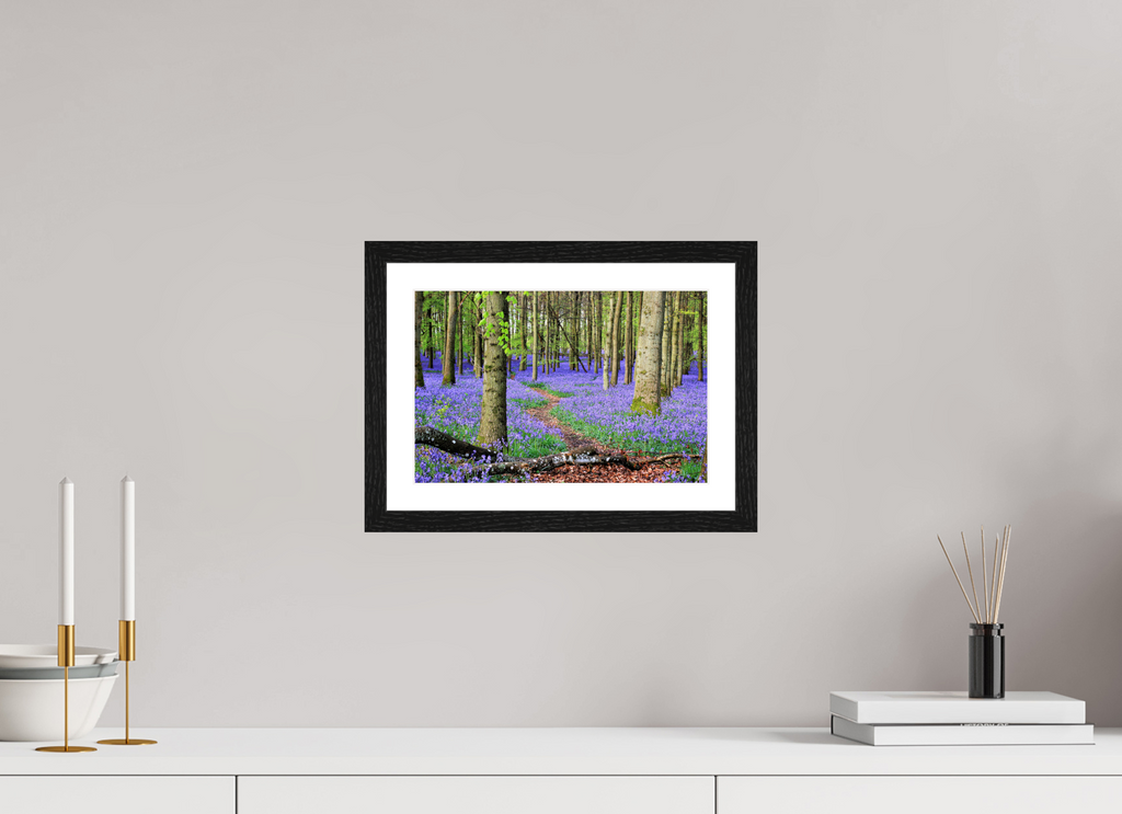 30 x 20 cm, Glossy Fine Art Print with Black Frame Bluebell Forest in England – Nature Print