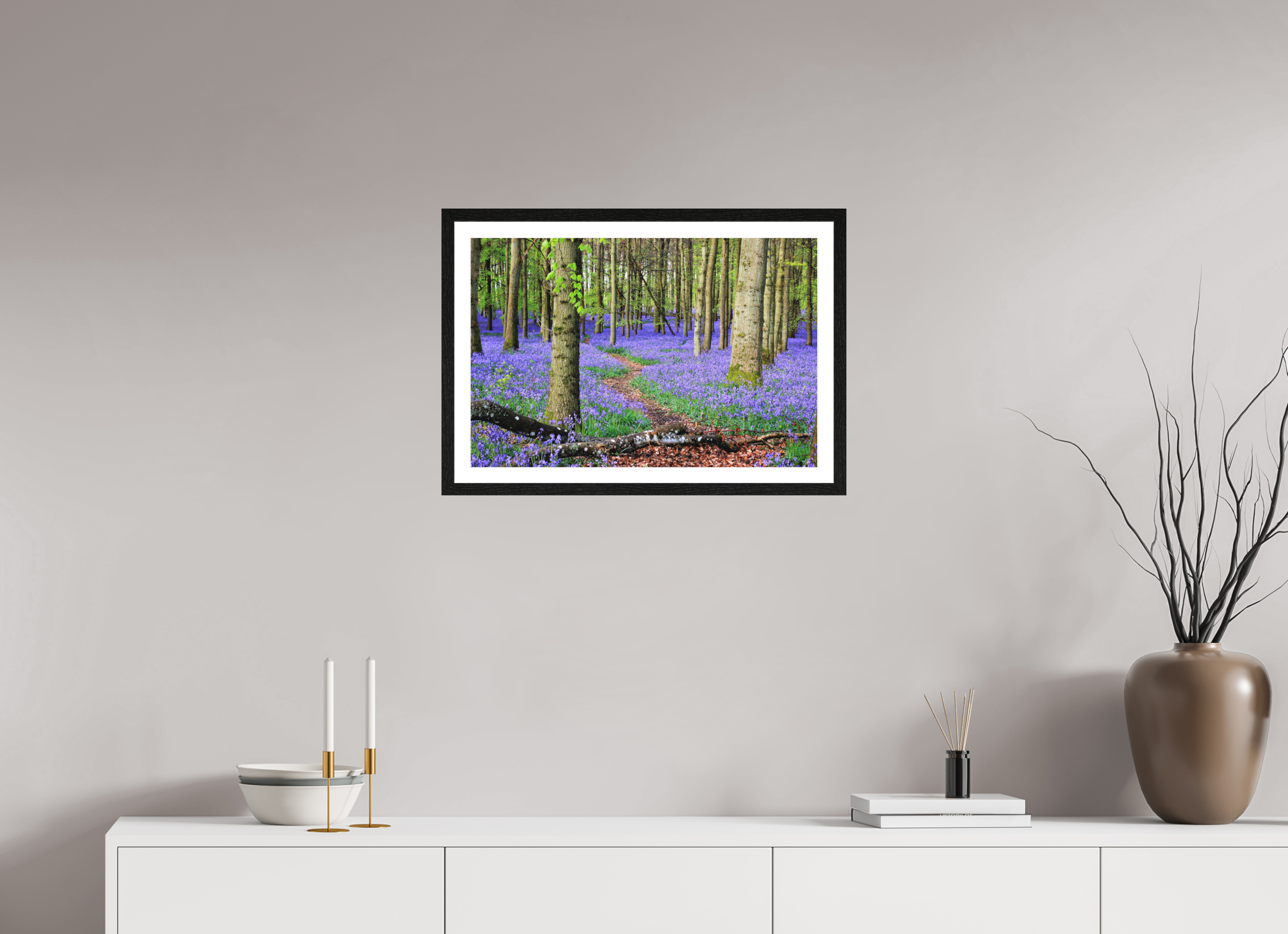 60 x 40 cm, Matte Art Prints with Black Wood Frame Bluebell Forest in England – Nature Print