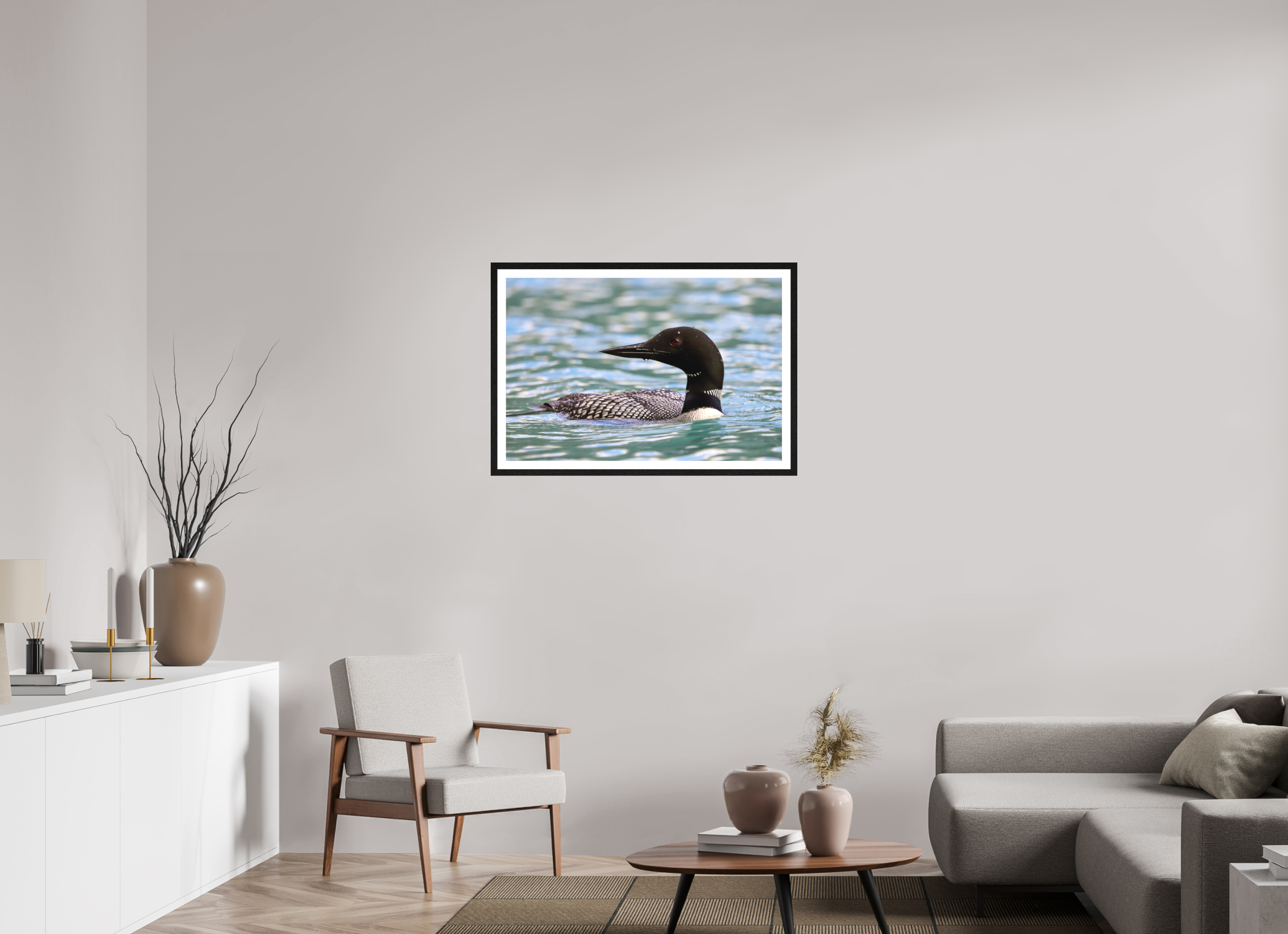 90 x 60 cm, Matte Art Prints with Black Wood Frame Common Loon Close-Up – Wildlife Print