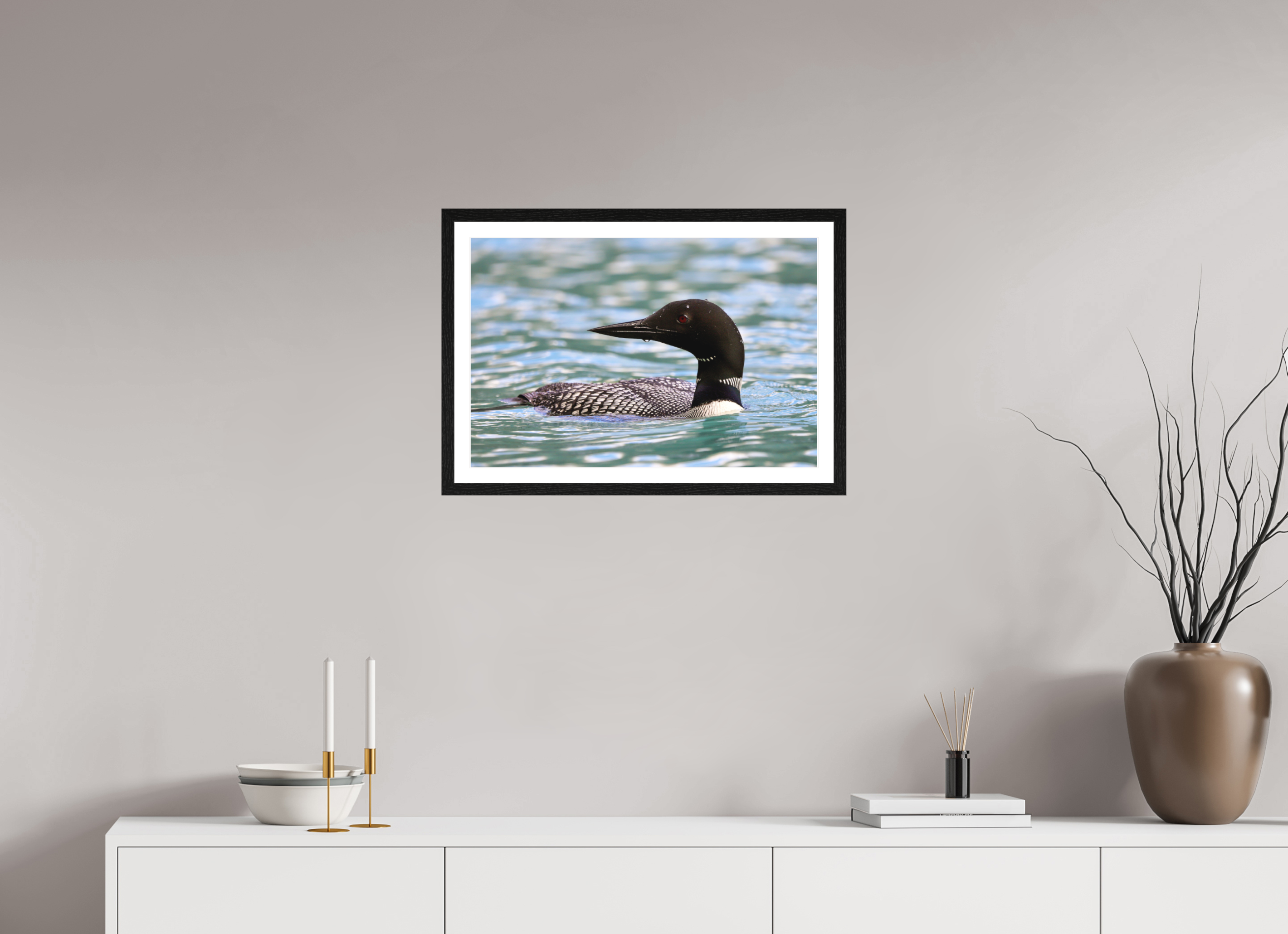 60 x 40 cm, Matte Art Prints with Black Wood Frame Common Loon Close-Up – Wildlife Print
