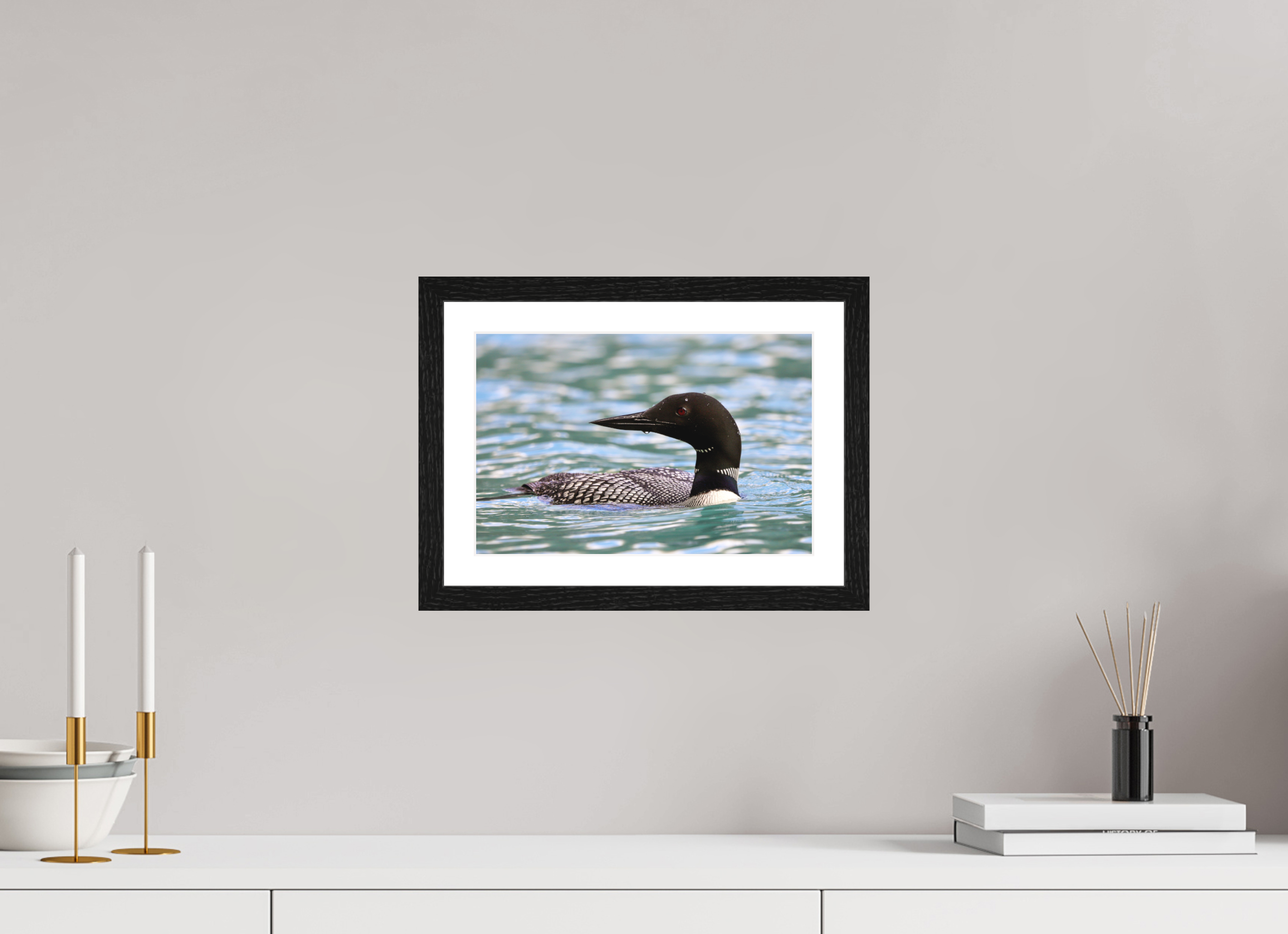30 x 20 cm, Matte Art Prints with Black Wood Frame Common Loon Close-Up – Wildlife Print