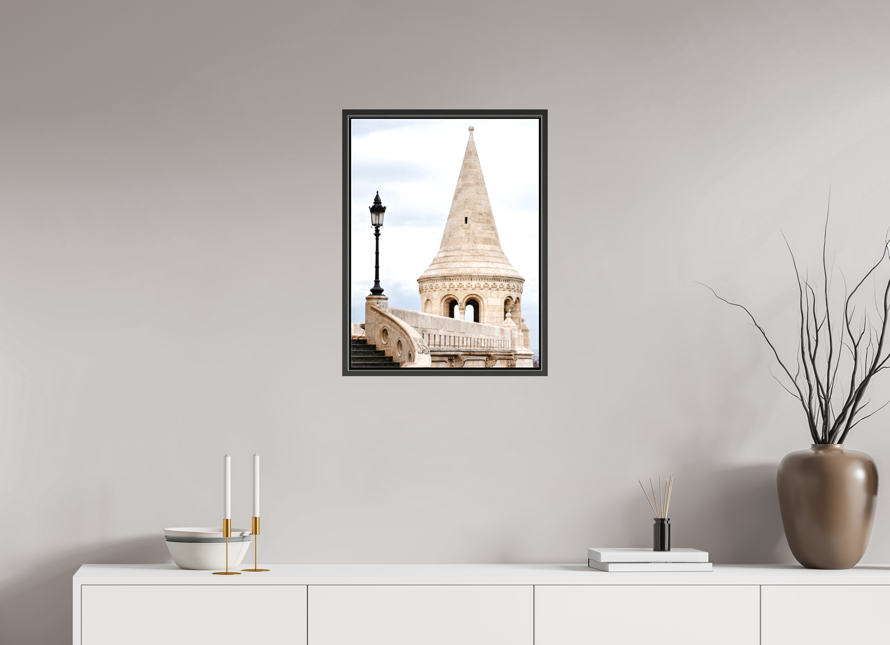 45 x 60 cm, Glossy Canvas with Black Frame Fisherman’s Bastion, Budapest – Architectural Print