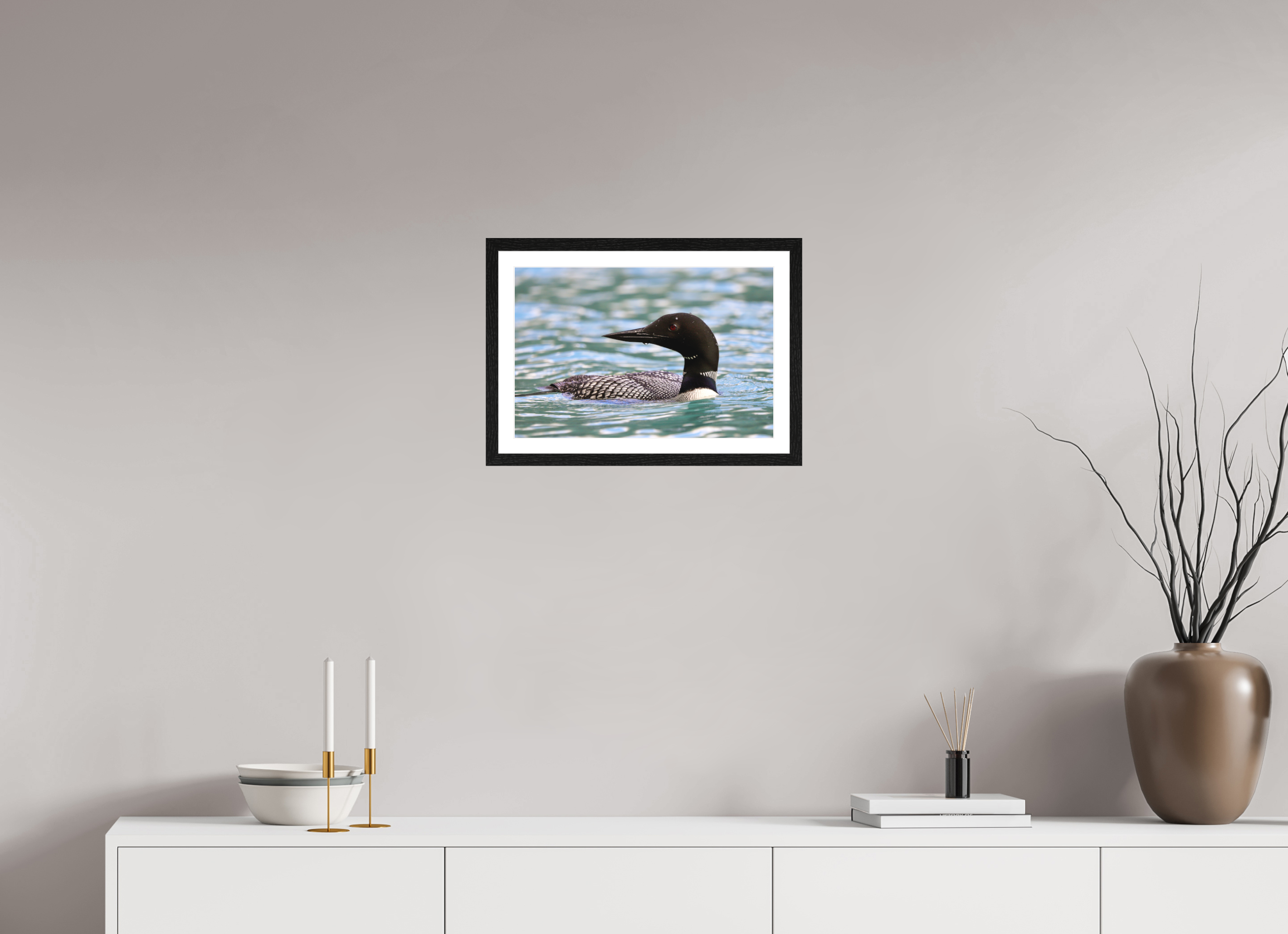 45 x 30 cm, Matte Art Prints with Black Wood Frame Common Loon Close-Up – Wildlife Print