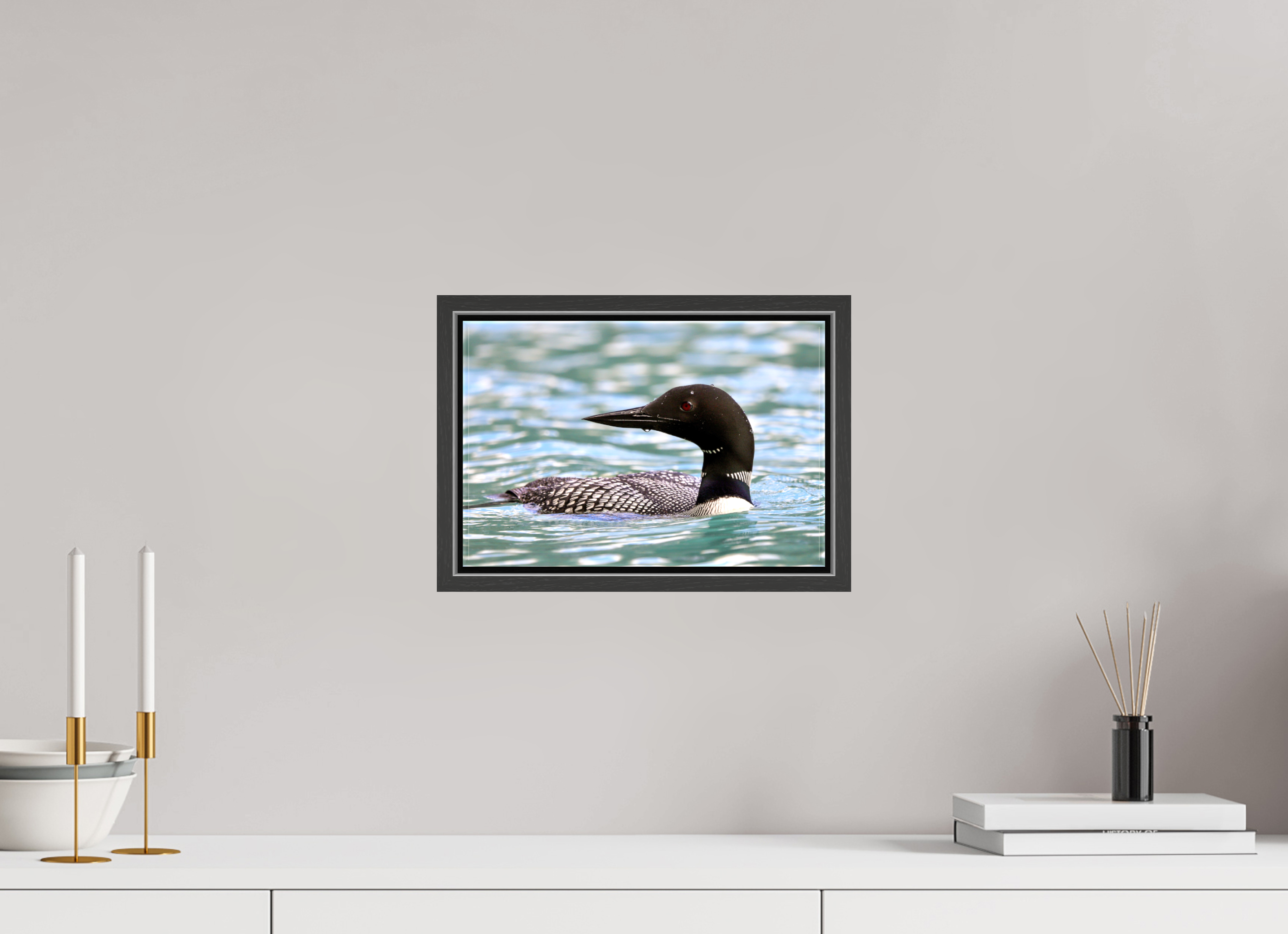 30 x 20 cm, Glossy Canvas with Black Frame Common Loon Close-Up – Wildlife Print