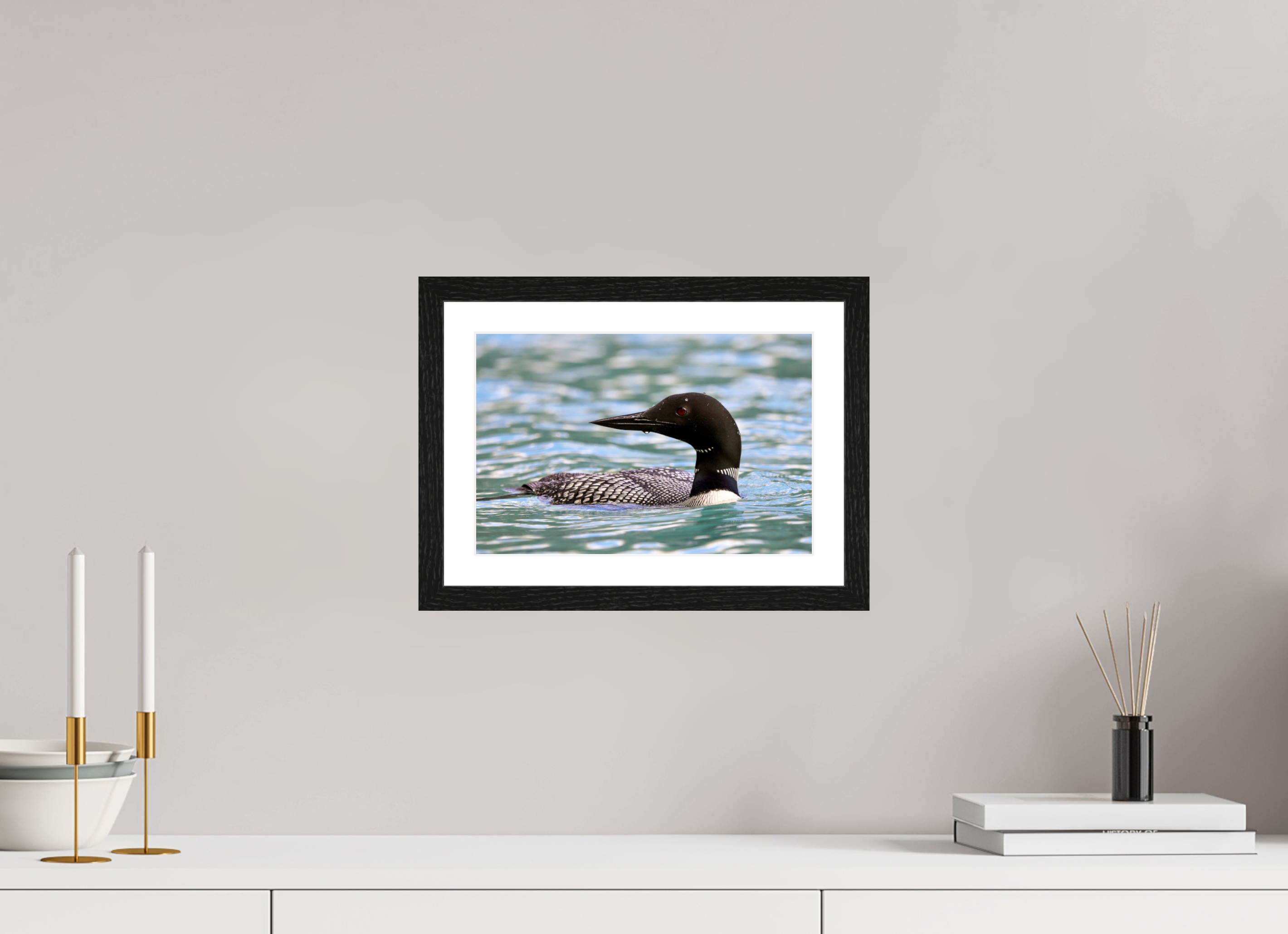 30 x 20 cm, Glossy Fine Art Print with Black Frame Common Loon Close-Up – Wildlife Print