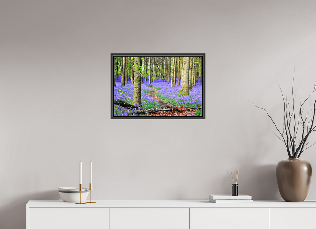 60 x 40 cm, Glossy Canvas with Black Frame Bluebell Forest in England – Nature Print